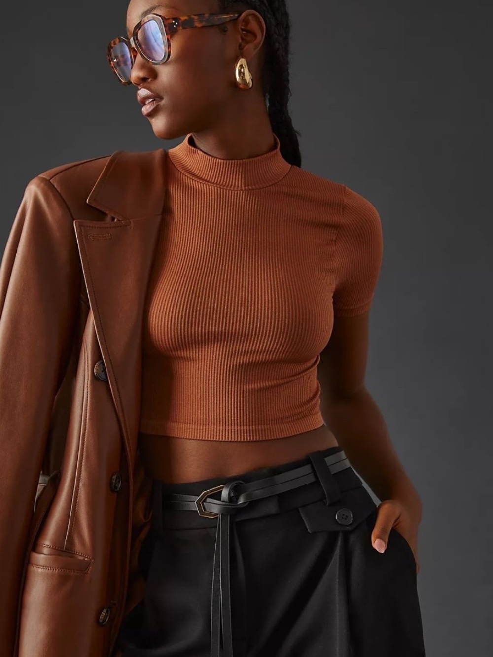 NWT By Anthropologie Seamless Cropped Mock-Neck Top in Cedar Rust Brown
